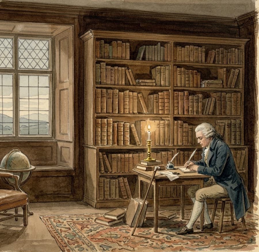 A watercolour of a scholar writing by candlelight at a desk before a wall of bound books.