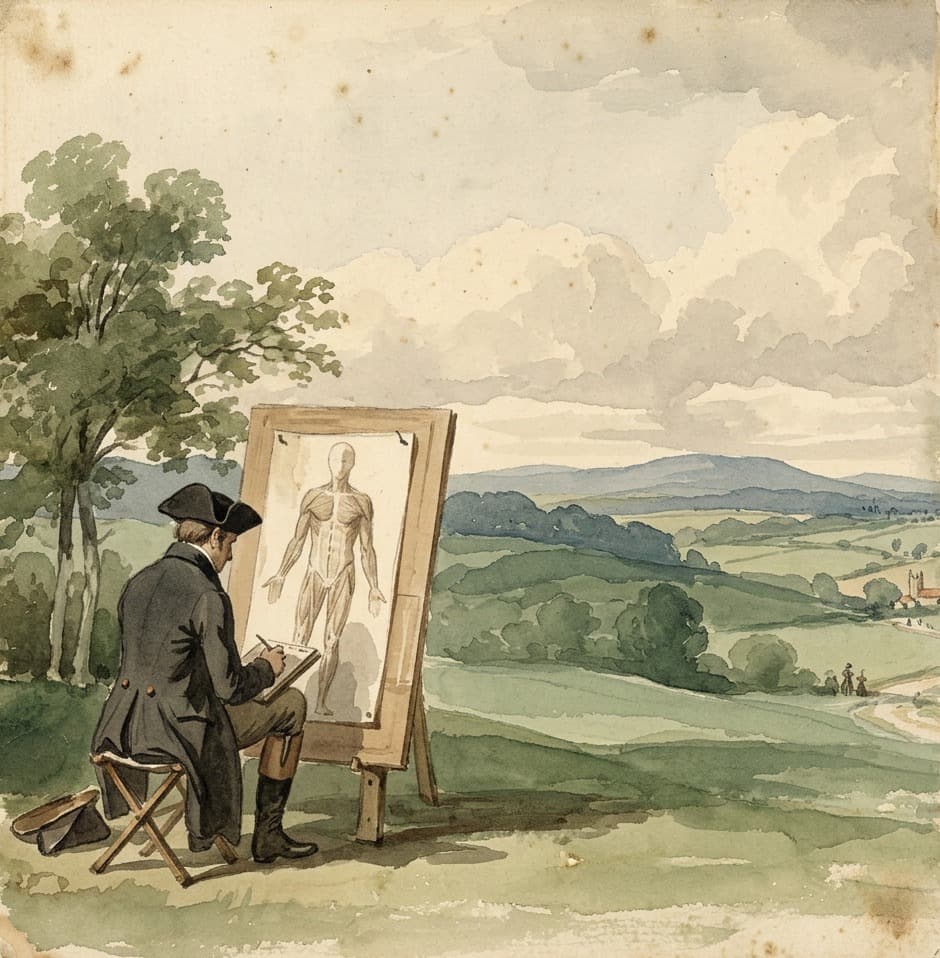 A watercolour of a draughtsman at an easel in open country, copying an anatomical figure onto his sheet.