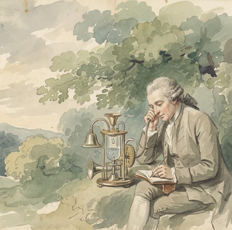 A watercolour of a seated man listening through an ear trumpet apparatus and writing what he hears into a pocket notebook.